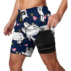 Leuke Alpacas Heart Zwembroek voor heren, sneldrogend, 2-in-1 strandsportshorts met compressieliner en zak