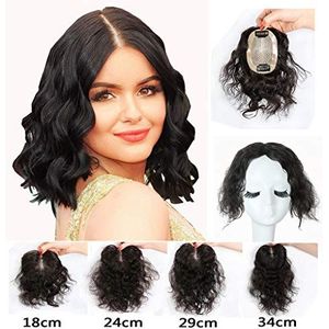 Korte Menselijk Haar Midden Deel Zijde Base Topper 7x10cm Kroonclip/PU Tape in Haarstukje Krullend Stijl voor Vrouwen Haarverlies 29cm Donkerbruin