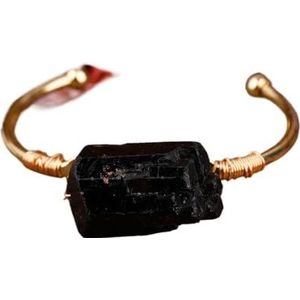 Ruwe ruwe zwarte toermalijn open manchet armband for vrouwen dikke edelstenen gouden armband sieraden vriendschap cadeau (Color : Gold)