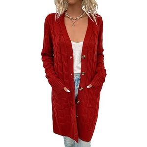 Lange Gebreide Trui Vrouwen Herfst Winter Vintage Vest Vrouwelijke Knop Knitwear Jas, Rood, XL