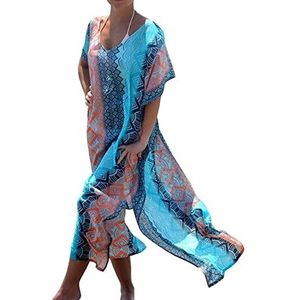 Merciy Boho strandponcho voor dames, zomerjurk, poncho, kaftan, strandjurk, bikini, tuniek, cover-up, blauw, Eén maat