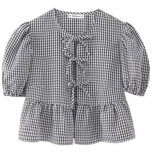 Vrouwen Tie Front Tops Puff Sleeve Babydoll Shirts Y2K Leuke Ruffle Peplum Uitgaan Top Blouse Trendy Kleding (Color : Black grid C, Size : X-Small)
