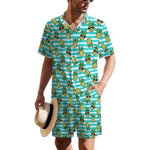 Tropic Cartoon Trendy Ananas Heren Hawaiiaanse Pak Set 2-delig Strand Outfit Korte Mouw Shirt En Shorts Bijpassende Set