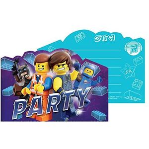 Amscan 9904647 - Uitnodigingskaarten Lego Movie 2, 8 stuks, afmetingen 10,7 x 15,8 cm, kaarten met blauwe enveloppen, uitnodiging, film, helden, animatie, bouwstenen, verjaardag, themafeest, carnaval