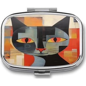 Kleine pillendoos 2 compartimenten geneeskunde pillendoosje draagbare oranje rode ogen kat bedrukte pillencontainer voor zak of portemonnee pillendoos metalen geneeskunde vitamine organizer