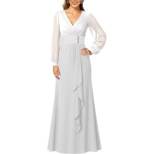 KIYNE Dames lange mouwen moeder van de bruid jurken ruches A-lijn V-hals chiffon formele avondjurk, Wit, 32