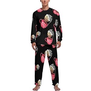 Cartoon uil zit op een kopje koffie zachte heren pyjama set comfortabele lange mouwen loungewear top en broek geschenken L