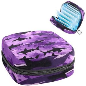 Haaiensilhouetten paars en zwart camouflage maandverband opbergtas, grote menstruatiecup zakje met rits, menstruatiepads tas winkel inlegkruisjes tampons voor meisjes vrouwen
