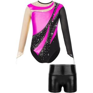 AYWTIUN Turnpakjes voor meisjes en meisjes, balletdanspak, mesh, lange mouwen, keyhole rug, glanzend turnpakje met metallic shorts, ritmische gymnastiek jumpsuits, Kleur2, 8 Years