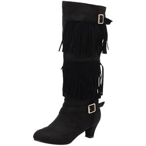 2025 Halfhoge Laarzen for Winter Dames Suède Laarzen Met Franjes Retro Middeleeuwse Enkellaarsjes Met Hak Comfortabele Brede Buis Instapschoenen Hoge Hakken for Buiten, Feestjes(Black,43 EU)