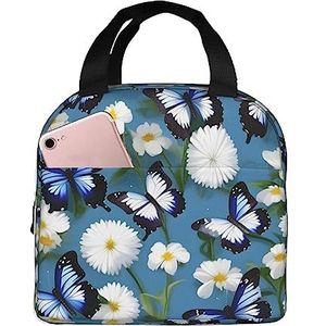 SUHNGE Blauwe vlinders, witte bloemenprint, kantoorwerk, licht geïsoleerde lunchbox voor dames en heren, duurzame draagtas