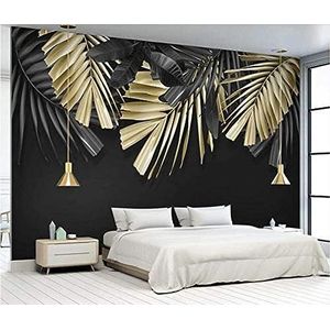 Handgeschilderde Tropische Planten Met Gouden Bladeren Behang Papier De Bont Behang 3D Behang-200cm×140cm
