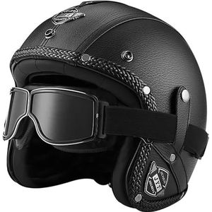 3/4 Half Helm Open Gezicht Motorfiets Half Helm Retro Motorhelm Jet Helm met Bril Retro Cruiser Chopper Scooter Open Gezicht Helm DOT/ECE Goedgekeurd K,L=59-60cm