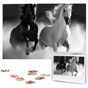 Zwart-witte paarden looppuzzels 1000 stuks gepersonaliseerde legpuzzels voor volwassenen gepersonaliseerde foto met opbergtas puzzel houten foto puzzel voor familie woondecoratie (74,9 cm x 50 cm)