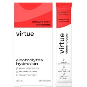 Virtue Electrolytes Hydratatiezakjes | Suikervrij | Alle 6 elektrolyten, hydraterende zouten & vitamine C (16 zakjes, Aardbei-Limonade)