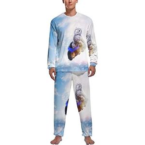 Grappige kat vliegende blauwe hemel zachte heren pyjama set comfortabele lange mouwen loungewear top en broek geschenken L