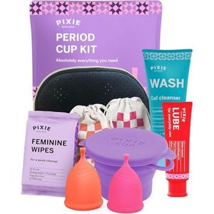 Pixie Cup Menstruatiekit - Beste menstruatiecup starterkit - 2 kopjes, wassen, 20 doekjes, glijmiddel, openbare toiletbeker en opbergtas - bewezen wat je nodig hebt om een succesvolle menstruatiecup