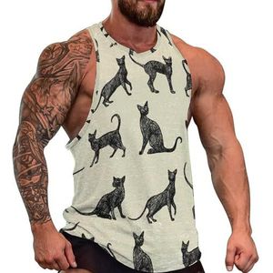 Zwarte katten heren tanktop grafische mouwloze bodybuilding T-shirts casual strand T-shirt grappige sportschool spier