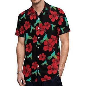 Kolibrie En Rode Hibiscus Bloem Heren Hawaiiaanse Shirts Korte Mouw Casual Shirt Button Down Vakantie Strand Shirts 4XL