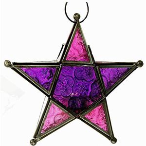 Guru-Shop Oosterse Glazen Ster in Marrocaans Design, Glazen Lantaarn, Lantaarn, Paars/roze, Glas, Kleur: Paars/roze, 19x19x5 cm, Theelichthouder Kaarshouder