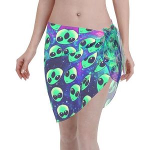 Groene Alien Print Elegante Strandwrap, Bikini Cover Up, Badmode Jurk voor Vrouwen, Perfect voor Zwembad en Resort