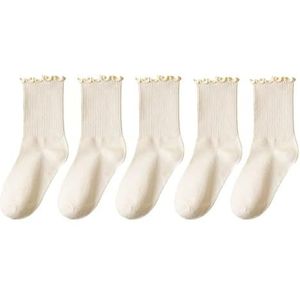 YIJIANUO 5 Paar/partij Sokken Voor Vrouwen Ruche Katoen Midden Buis Enkel Korte Ademend Zwart Wit Set Lente Herfst, Beige 5 paar, EUR 35-39