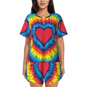 Hart Rainbow Tie-Dyed Print Dames Zomer Zachte Tweedelige Bijpassende Outfits Korte Mouw Pyjama Lounge Pyjama Sets, Zwart, 3XL