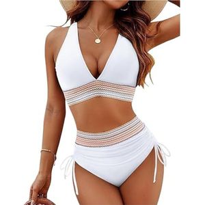 Bikinisets met hoge taille for dames, tweedelig badpak met trekkoord, badpakken met buikcorrectie, badpakken for op het strand(White,4XL)
