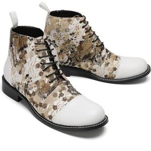 ZZveZZ Heren Herfstschoenen In Wit En Groen Met Bloemenprint, Korte Leren Veterlaarzen(White,48 EU)