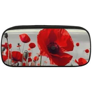 VFMKT Lederen Potlood Tas Waterdichte Leuke Pen Case Reizen Cosmetische Make-up Tas Organizer Pen Houder voor Mannen Vrouwen, Rode Papaver Bloem