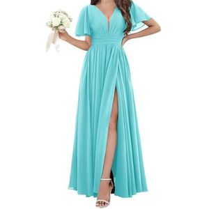 Chiffon bruidsmeisjesjurken voor dames, voor bruiloft, met split, avondgalajurken, cocktailjurken, grote maten, Turkoois, 58/Meer