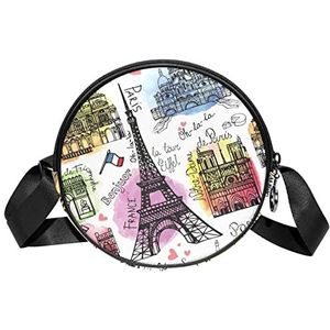 Messenger Bag Vintage Paris Eiffeltoren Ansichtkaart Crossbody Tas voor Vrouwen Rond, Meerkleurig, 6.7x6.7x2.3 in, Sling Rugzakken