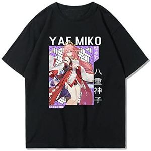 Genshin Impact T-Shirt Anime Cosplay Kostuum Yae Miko Gedrukt T-shirts Korte Mouw Crew Neck Casual Tee Shirts Tops voor Volwassenen Tieners Zwart, # 3, M