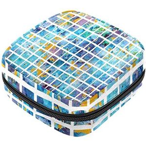 Maandverband Opbergtas, Vrouwelijke Product Pouches Draagbare Periode Kit Tas voor Meisjes Vrouwen Dames Aquarel Blauw Mozaïek Vierkante Verf, Meerkleurig, 4.7x6.6x6.6 in/12x17x17 cm