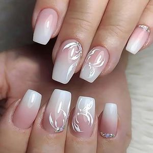 French Press on Nails Square False Nails Pink Gradient Stick on Nails Ballerina Acrylic Fake Nails 24pcs for Women and Girls