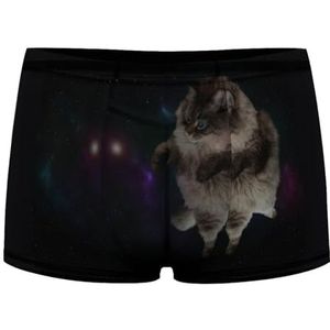 Grappige kat vliegen in Galaxy heren boxerslips sexy shorts mesh boxers ondergoed ademende onderbroek string