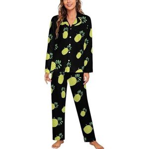 Leuke Ananas Vrouwen Lange Mouw Button Down Nachtkleding Zachte Nachtkleding Lounge Pyjama Set S