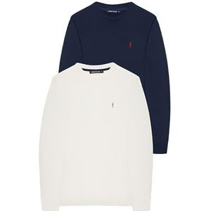Pack 2 basic Trui met Ronde Hals en Geborduurd Logo, in Het marineblauw en gebroken wit - 100% Katoen - Pullover U-Neck