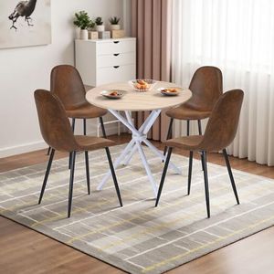 FurnitureR Ronde Houten Eettafel Set, 80cm Houten Keuken Tafel & 4 stks stoelen voor Eetkamer, Moderne Stijl Rustieke Bruin en Zwart, EIKEN WIT tafel+4 stks Ronde Bruine stoelen