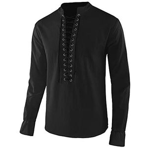 Renaissance-kostuum voor heren, dichterhemd, middeleeuwse tops, blouse, middeleeuwse optredens, podiumkostuum, heren, lange mouwen, opstaande kraag, T-shirt voor heren, middeleeuws, renaissance-shirt, reverskraag,, A-zwart, XXL