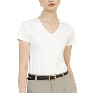 Dames puur katoen V-hals Slim-fit effen kleur korte mouw T-shirt tops, Wit, L
