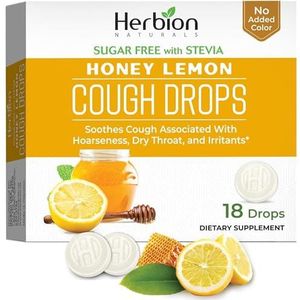 Herbion Naturals suikervrije hoestdruppels met natuurlijke honing-citroensmaak, 18 druppels, oraal verdovingsmiddel - verlicht hoest, keel- en bronchiale irritatie, verzacht een pijnlijke mond