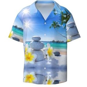 EdWal Tropische bloemen en zen stenen print heren korte mouw button down shirts casual losse pasvorm zomer strand shirts heren jurk shirts, Zwart, S