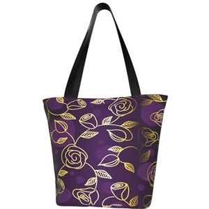 BeNtli Schoudertas, canvas draagtas grote tas vrouwen casual handtas herbruikbare boodschappentassen, goud-paarse roos, zoals afgebeeld, Eén maat