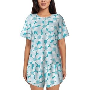 Tropische Hibiscus Bloemen Print Dames Zomer Zachte Tweedelige Bijpassende Outfits Korte Mouw Pyjama Lounge Pyjama Sets, Zwart, XXL