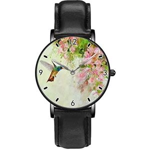 Mooie Kolibrie En Roze Bloemen Klassieke Patroon Horloges Persoonlijkheid Business Casual Horloges Mannen Vrouwen Quartz Analoge Horloges, Zwart