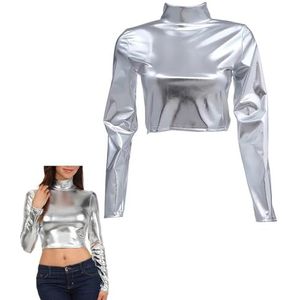 Metallic tops met lange mouwen voor dames, glanzende stretch lange mouwen mock hals crop top voor clubwear, slim fit coltrui metallic blouses holografische vloeibare party tanktops dansclub T-shirt