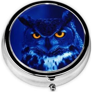 Blauwe uil draagbare pillendoos, 3 compartimenten medicijnpillenetui, bedrukte pillenorganizer voor zakportemonnee en reizen