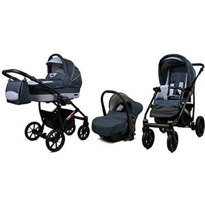 BabyLux Largo 3 in 1 Baby Reis Systeem Kinderwagen Autostoel Afneembare Regenhoes Voetenzak Dragende Wielen Pasgeborene tot Baby Magic Grey Black Frame