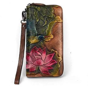 Dkee Leather Money Wrapping Lange Europese en Amerikaanse Zipper Wallet Retro Flower Pattern Multi-card hoofd laag koeienhuid Wallet 19 * 9,5 * 2,5 cm Buitenrugzak (Color : Brown)